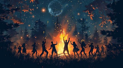 Cartoon illustration of people celebrating around a fire dancing together