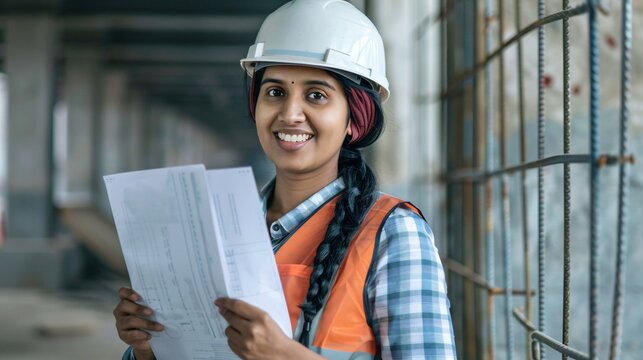 Asian woman engineer holding document smiling at construction site. Confident female Indian wearing protective helmet and vest working in factory making precast concrete wall for real estate housing.