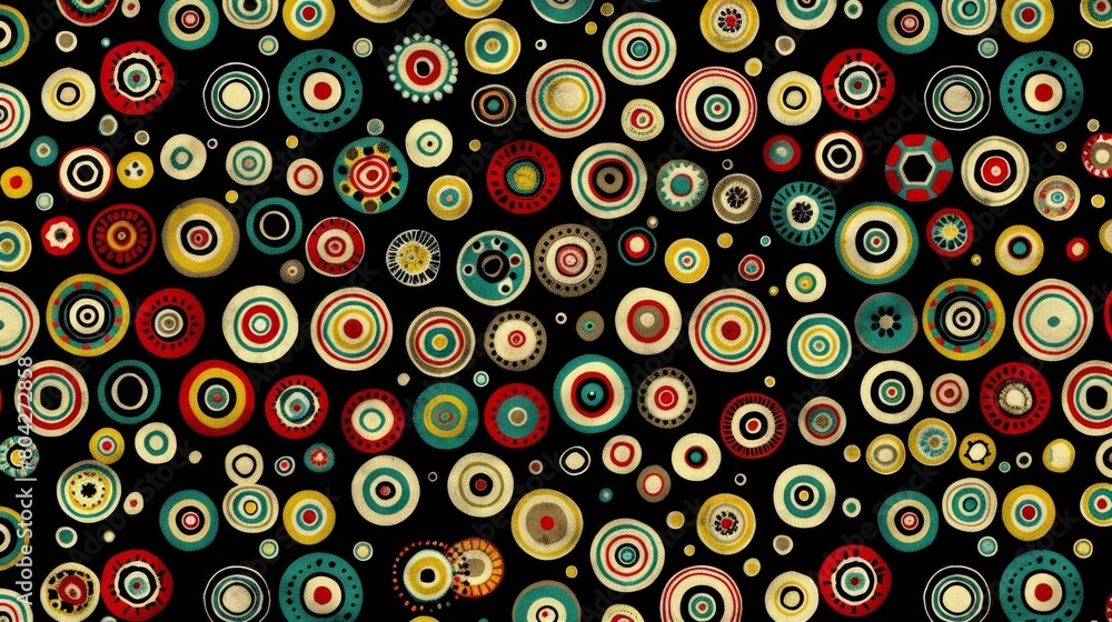 Poster Various colorful circles of different sizes arranged on a stark black background
