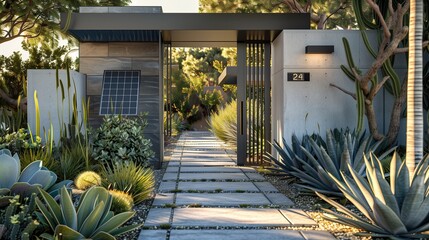 Modern entrance with a solar-powered gate and a succulent-lined pathway