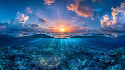 Fototapeta na wymiar Breathtaking panoramic split view of sunset over the ocean horizon with underwater coral scenery