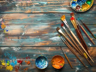 Artist working table, wooden table, paint brushes, paints, template, hobby, artist, banner, background, space for text - Powered by Adobe