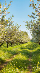 Fototapeta premium Spring Orchard Scene with Blooming Apple Trees - Rural Charm 