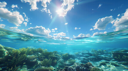 The clarity of the sky contrasts with the serenity of the shallow sea floor, revealing a vibrant ecosystem