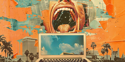 Surreal Digital Collage of Open Mouth, Laptop, and Urban Cityscape