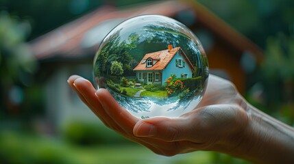 Buying a house concept with hand holding crystal ball with home inside and green forest