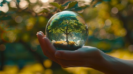Man holding green tree growing inside glass ball planet with bright  background.