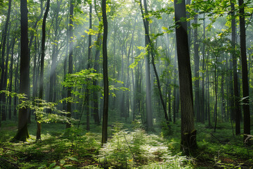 Fototapeta premium Serene Forest Landscape with Sunlit Trees and Clear Skies