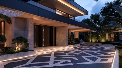 Modern luxury home entrance with a geometric-patterned driveway and ambient lighting