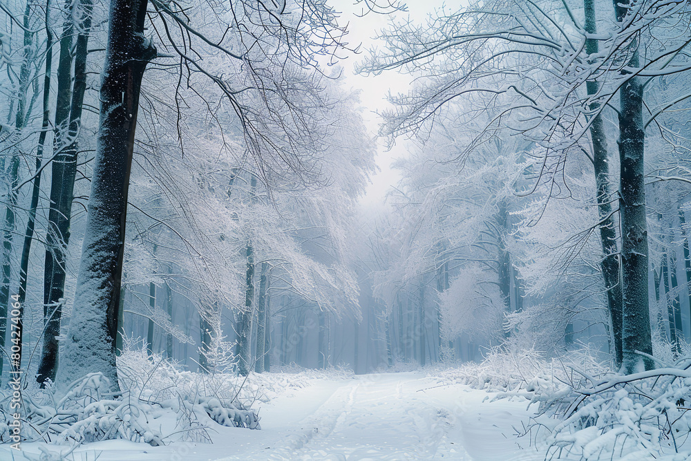 Wall mural Snow-Covered Trees in Winter Forest - Serene and Minimalist