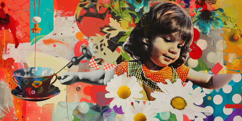 Colorful Vintage Collage with Child, Flowers, and Teacup