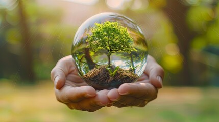 Ecology conservation concept with green tree in forest growing inside glass globe held in hand.