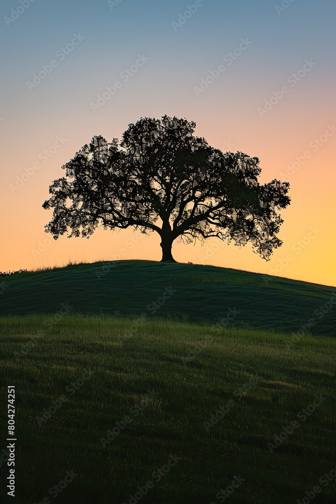 Poster Lone Oak Tree on Hill Silhouetted Against Sunset Sky