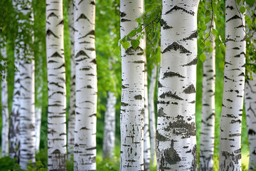 Row of Birch Trees with Contrasting White Bark and Lush Leaves