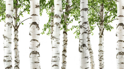 Row of Birch Trees with Contrasting White Bark and Lush Leaves