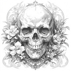 Elegant Monochrome Render of a Skull with Flowers - Perfect for Body Art Inspiration