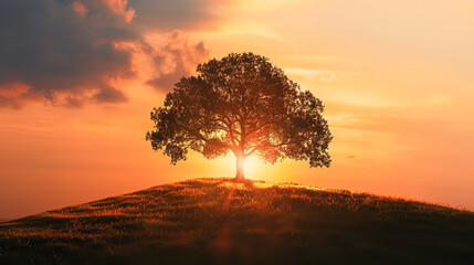 Lone Oak Tree on Hill Silhouetted Against Sunset Sky