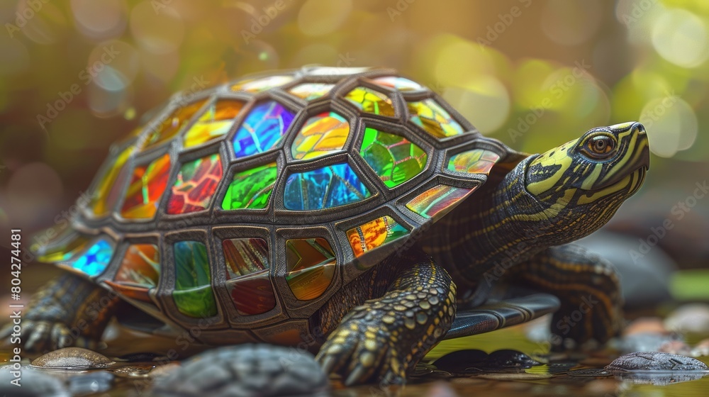 Wall mural stained glass turtle.