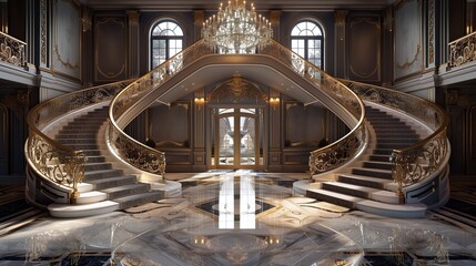 Opulent double staircase entrance with a grand chandelier and marble floors