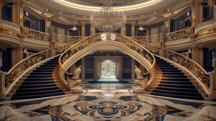 Obraz premium Opulent double staircase entrance with a grand chandelier and marble floors