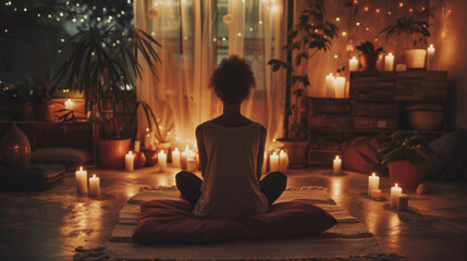 Woman sitting in yoga pose in a relaxing, cozy meditation room, surrounded by cushions, candles and warm lights.