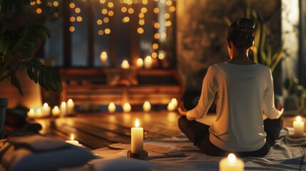 Woman sitting in yoga pose in a relaxing, cozy meditation room, surrounded by cushions, candles and warm lights.