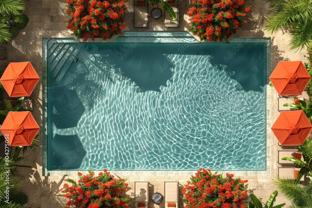 Poster overhead view of swimming pool with orange umbrellas