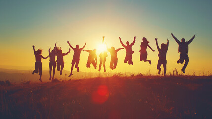 Silhouette of group of people jumping in the air in front of bright sunrise in mountain, Bright Sunrise in the Mountain Background, Outdoor Activity with Friends at Sunrise, Excited People Jumping 

