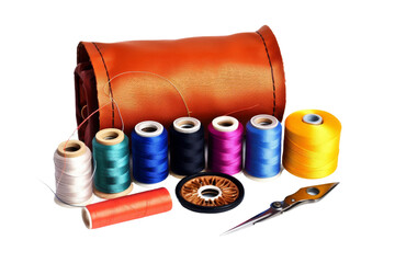 A Symphony of Threads: Spools and Scissors Dance on the Table. On a White or Clear Surface PNG Transparent Background.