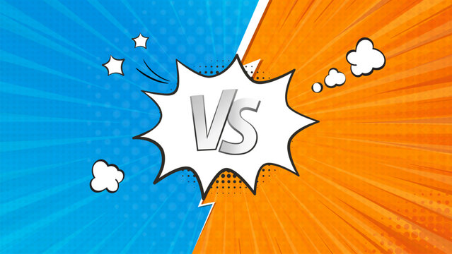 Pop art retro comic background with speech bubble. Abstract cartoon cover with versus lightning. Blue and orange vs frames. Vector EPS 10