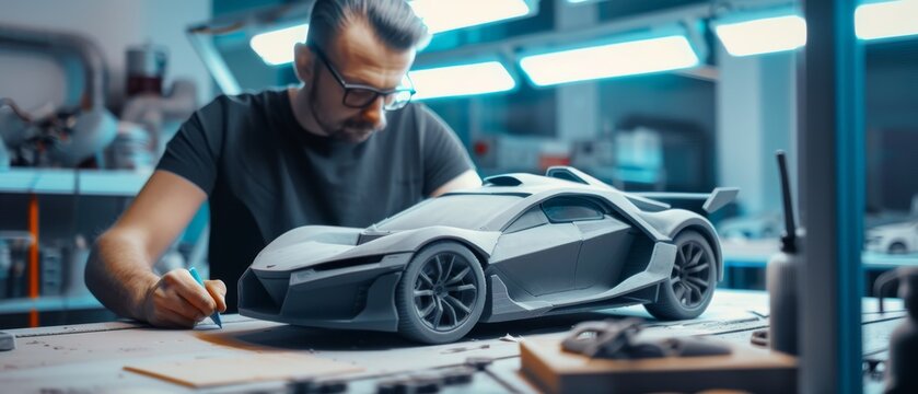 An Automotive Designer with Rake creates futuristic car models from plasticine clay in a large car factory studio.