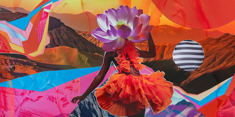 Surreal Collage of Woman with Flower Head in Vibrant Landscape