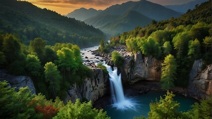Fototapeta premium waterfall in the forest Nature's Masterpiece Breathtaking Landscape 