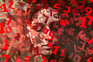 Abstract Portrait Overwhelmed by Floating Red Numbers
