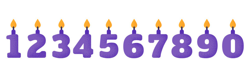 Birthday candles icon set. Anniversary numbers collection with grainy noise effect
