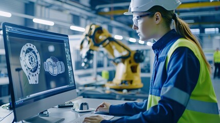 At the Factory: Mechanical Engineer Designs 3D Engine on Her Personal Computer, Male Automation Engineer Uses Laptop for Programming Robotic Arm