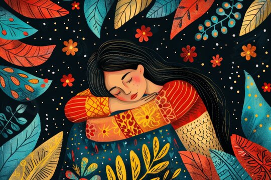 Woman Hugging Her body in Green forest 