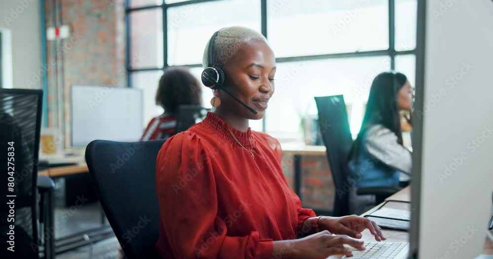 Poster office, help and customer service in call center with black woman in crm, b2b networking and sales. 