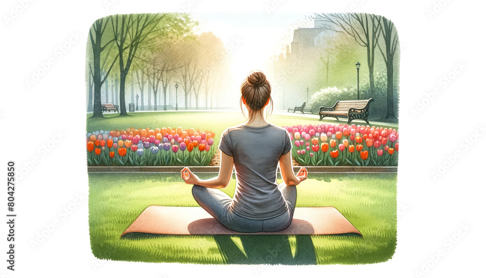 Poster Woman practicing yoga in serene park with tulips, early morning meditation, International Day of Yoga concept, wellbeing and mindfulness theme