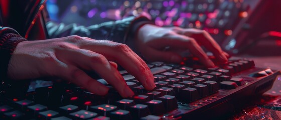 In this camera shot, we see a gamer's hands on a keyboard and their fingers are actively pushing...