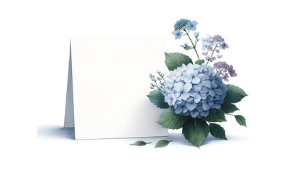 Blank greeting card with blue hydrangeas isolated on white background, perfect for Mother's Day, wedding invitations, or spring-themed events