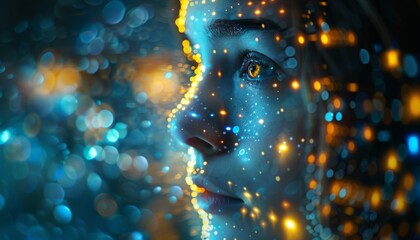 AI robot woman with artificial intelligence analysis flow big data. Cyborg woman contemplates stream of data in image waterfall of lights particles. Machine learning concept. Neural network training.