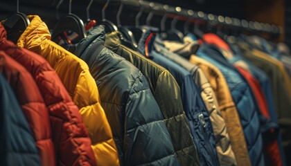 A close-up of a rack with hangers on which men's jackets are hanging. Assortment in a clothing store. Concept of closet update, sales or shopping. Illustration for advertising. - Powered by Adobe