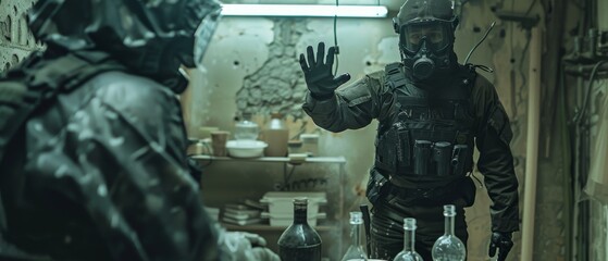 Fototapeta premium As a part of the Special Anti-Narcotics Task Force, a soldier arrested a chemical expert who was working in a drug producing underground laboratory. The chemical expert raised his hands and