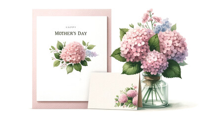Elegant Mother's Day greeting card beside a glass vase with pink hydrangeas, symbolizing love and appreciation for holiday marketing and floral themes