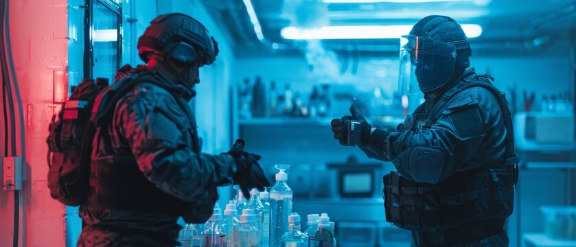 A fully armed soldier of the Special Anti-Narcotics Task Force arrests a clandestine chemist at an underground laboratory manufacturing drugs. The chemist surrenders his hands.