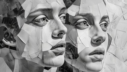 Cubist style collage of two faces cut and glued together. Abstract and artistic geometric art. Black and white image in pencil drawing style. Illustration for poster, cover, brochure or presentation.
