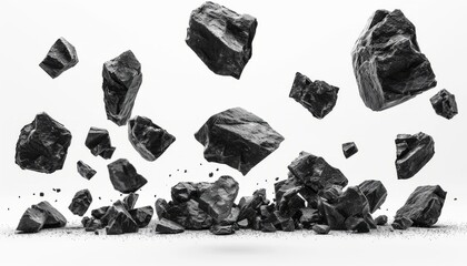 Falling rocks on white background. Black charcoal or coal on white background. Illustration for cover, card, postcard, interior design, decor or print.