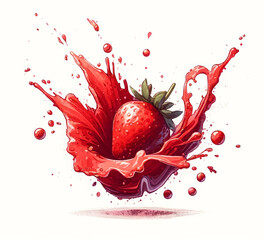 Vibrant illustration of a fresh strawberry splashing into red liquid, ideal for culinary blogs, summer festivals, and healthy eating promotions