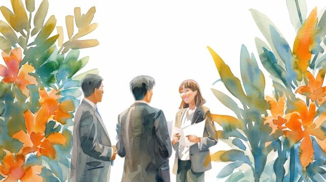 The photo shows a group of people standing in a garden. There are two men and one woman. They are all wearing business suits. The background is a blur of green and yellow leaves.